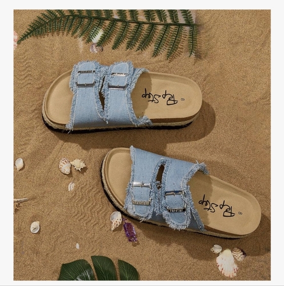 PepStep Frayed Denim Platform Slide Sandals - Picture 1 of 8